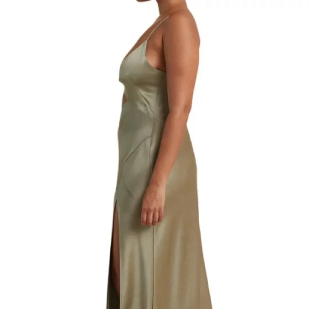 NWT Olive, mossy maxi slip dress, spaghetti strap deep V Neck thigh slit hem - Picture 12 of 12